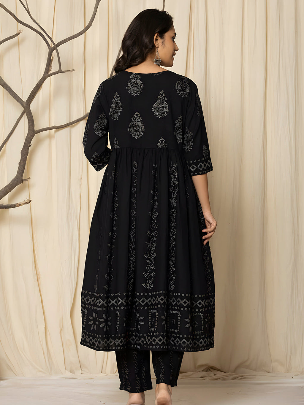 Printed Cotton Anarkali Kurta With Pant & Dupatta, Black - Hiral Fashion | Grocsy