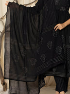 Printed Cotton Anarkali Kurta With Pant & Dupatta, Black - Hiral Fashion | Grocsy