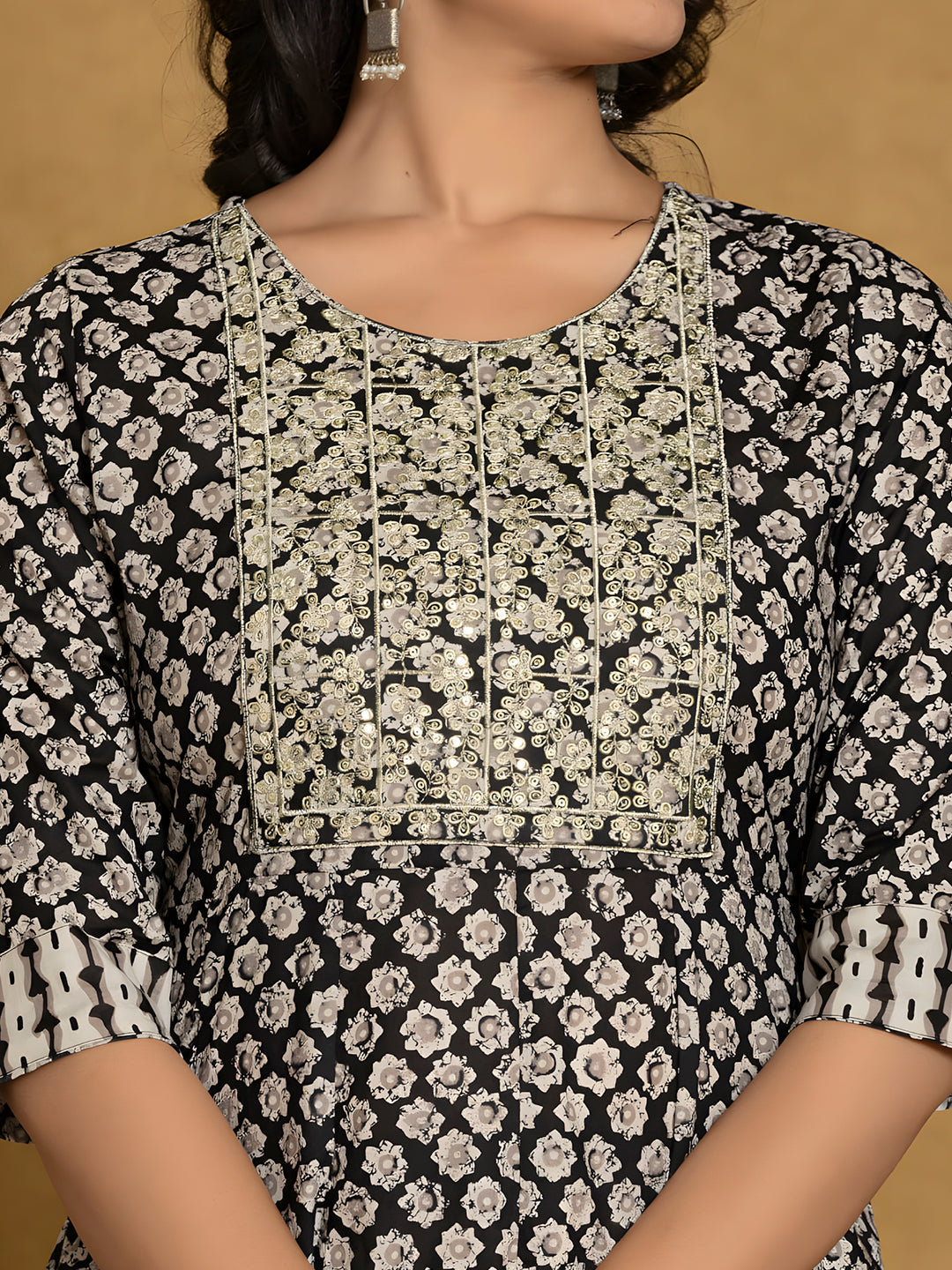 Printed Cotton Anarkali Kurta With Pant & Dupatta, Black - Hiral Fashion | Grocsy