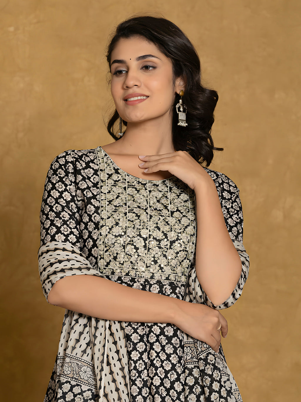 Printed Cotton Anarkali Kurta With Pant & Dupatta, Black - Hiral Fashion | Grocsy