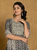Printed Cotton Anarkali Kurta With Pant & Dupatta, Black - Hiral Fashion | Grocsy