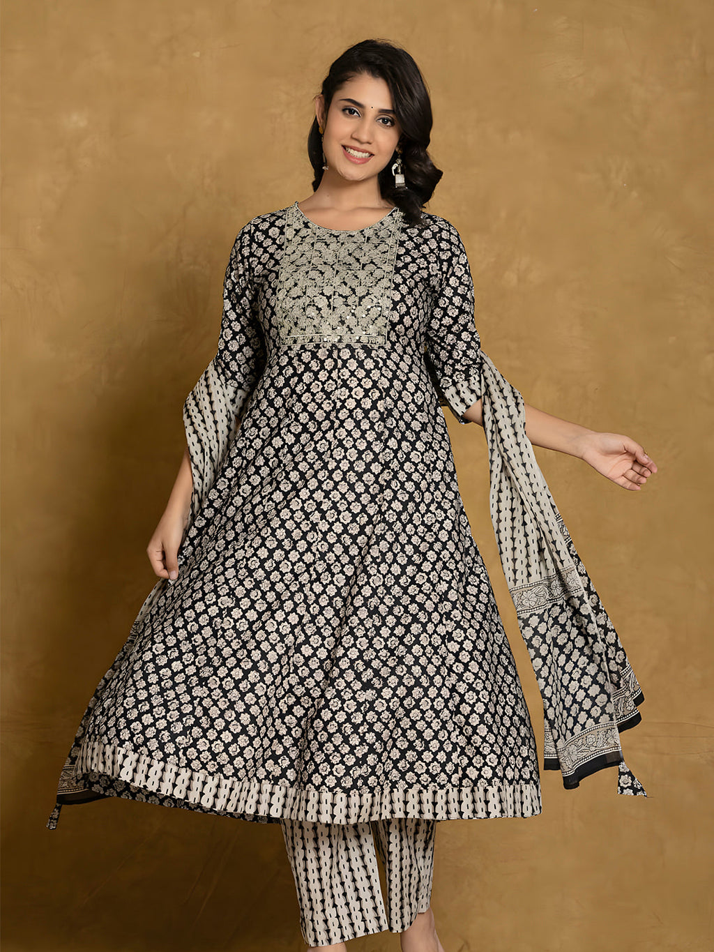 Printed Cotton Anarkali Kurta With Pant & Dupatta, Black - Hiral Fashion | Grocsy