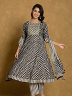 Printed Cotton Anarkali Kurta With Pant & Dupatta, Black - Hiral Fashion | Grocsy