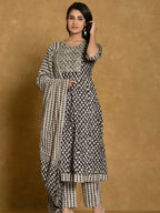 Printed Cotton Anarkali Kurta With Pant & Dupatta, Black - Hiral Fashion | Grocsy