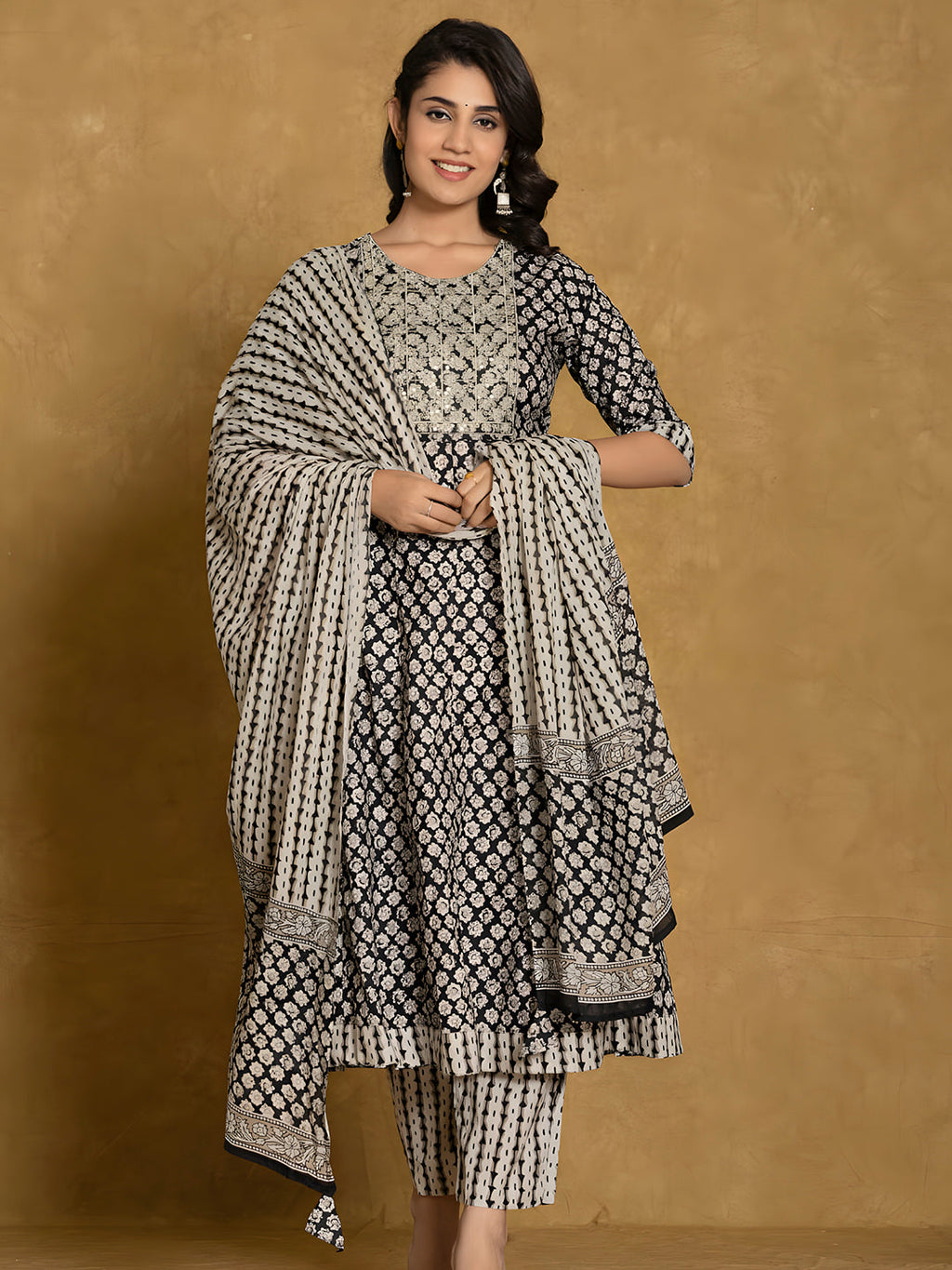 Printed Cotton Anarkali Kurta With Pant & Dupatta, Black - Hiral Fashion | Grocsy