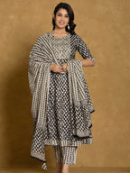 Printed Cotton Anarkali Kurta With Pant & Dupatta, Black - Hiral Fashion | Grocsy