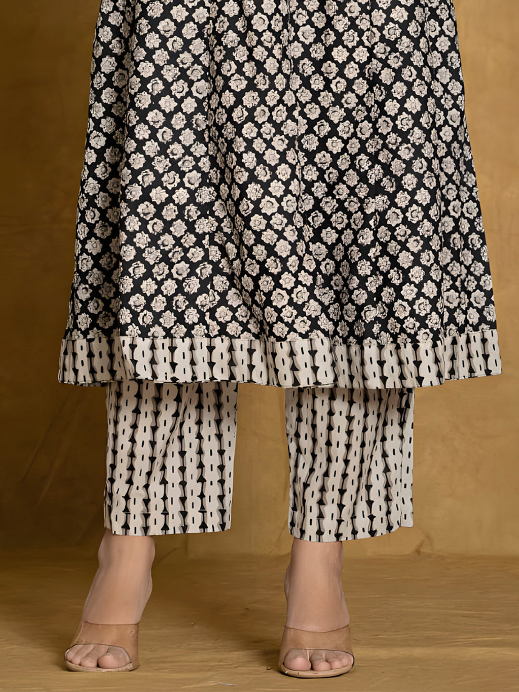 Printed Cotton Anarkali Kurta With Pant & Dupatta, Black - Hiral Fashion | Grocsy