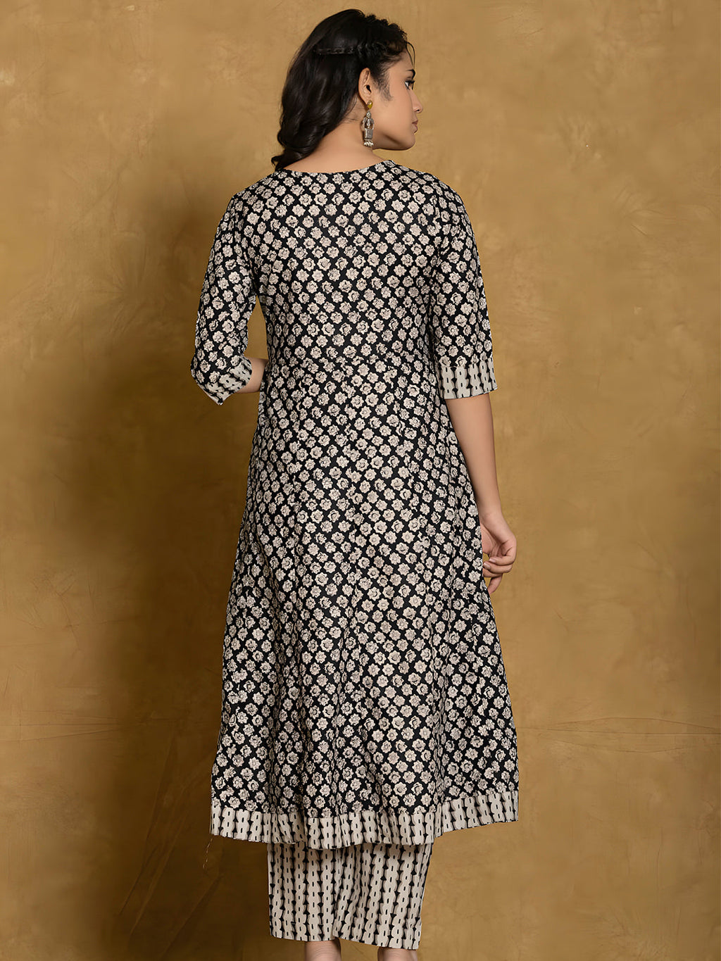 Printed Cotton Anarkali Kurta With Pant & Dupatta, Black - Hiral Fashion | Grocsy