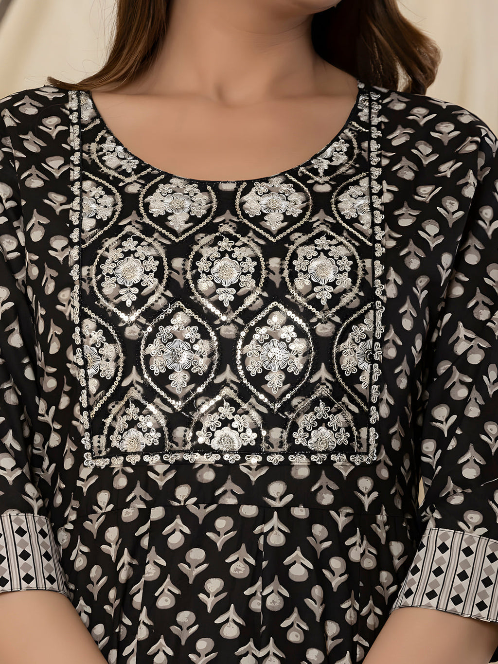 Printed Cotton Anarkali Kurta With Pant & Dupatta, Black - Hiral Fashion | Grocsy