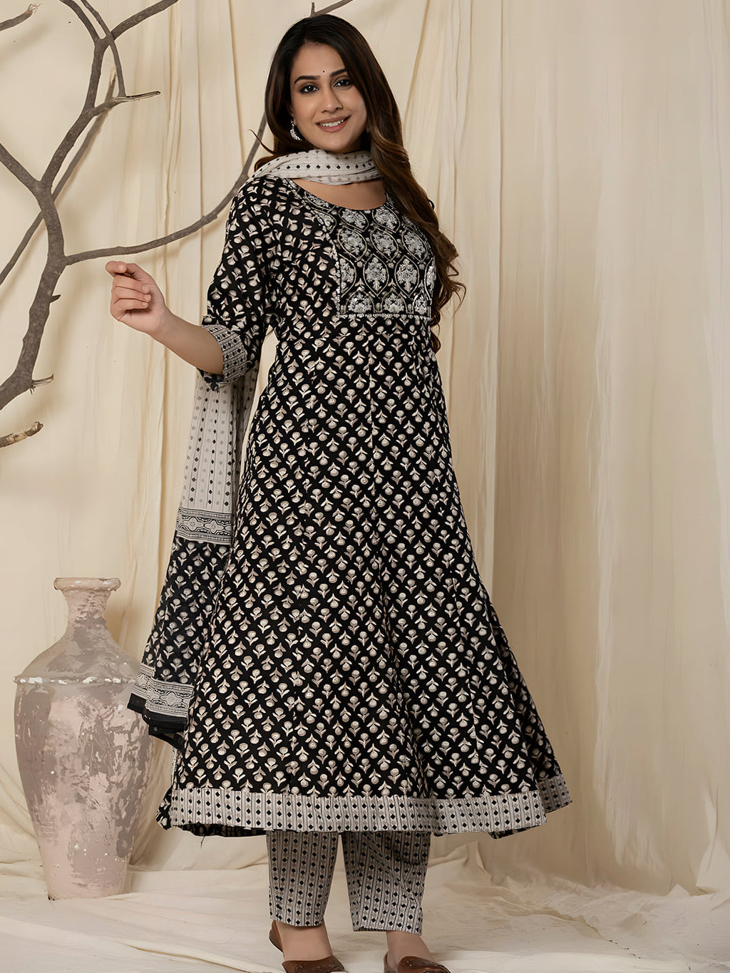 Printed Cotton Anarkali Kurta With Pant & Dupatta, Black - Hiral Fashion | Grocsy