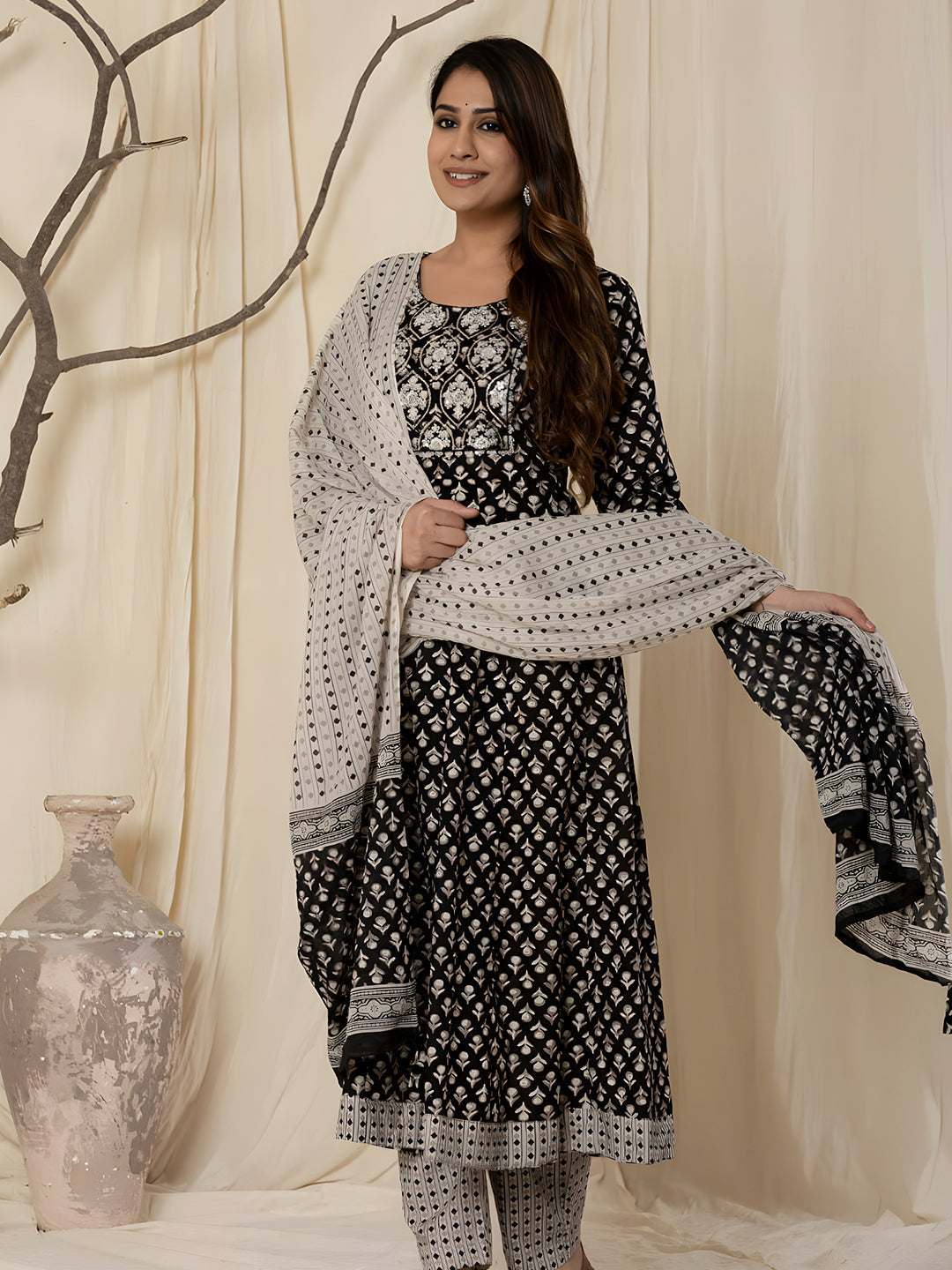 Printed Cotton Anarkali Kurta With Pant & Dupatta, Black - Hiral Fashion | Grocsy