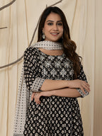 Printed Cotton Anarkali Kurta With Pant & Dupatta, Black - Hiral Fashion | Grocsy