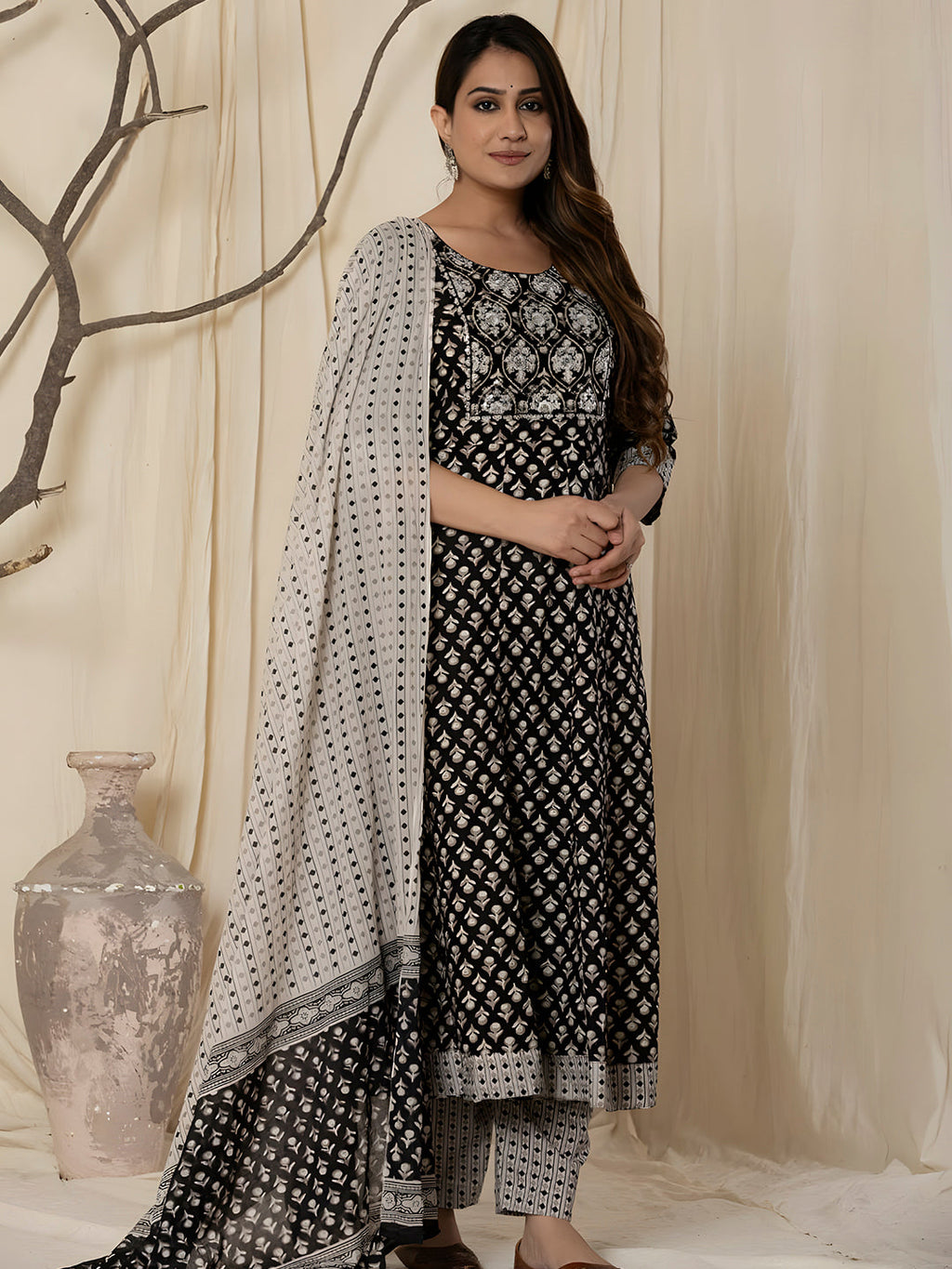 Printed Cotton Anarkali Kurta With Pant & Dupatta, Black - Hiral Fashion | Grocsy