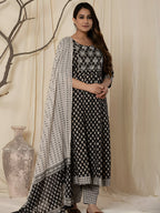 Printed Cotton Anarkali Kurta With Pant & Dupatta, Black - Hiral Fashion | Grocsy
