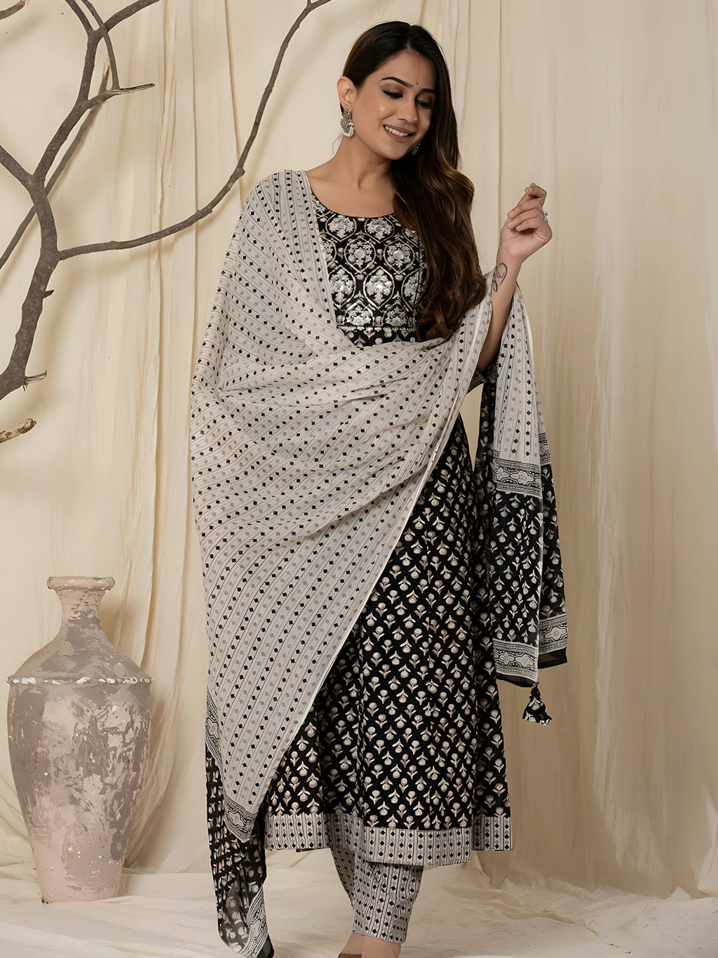 Printed Cotton Anarkali Kurta With Pant & Dupatta, Black - Hiral Fashion | Grocsy