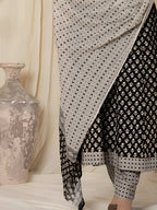Printed Cotton Anarkali Kurta With Pant & Dupatta, Black - Hiral Fashion | Grocsy