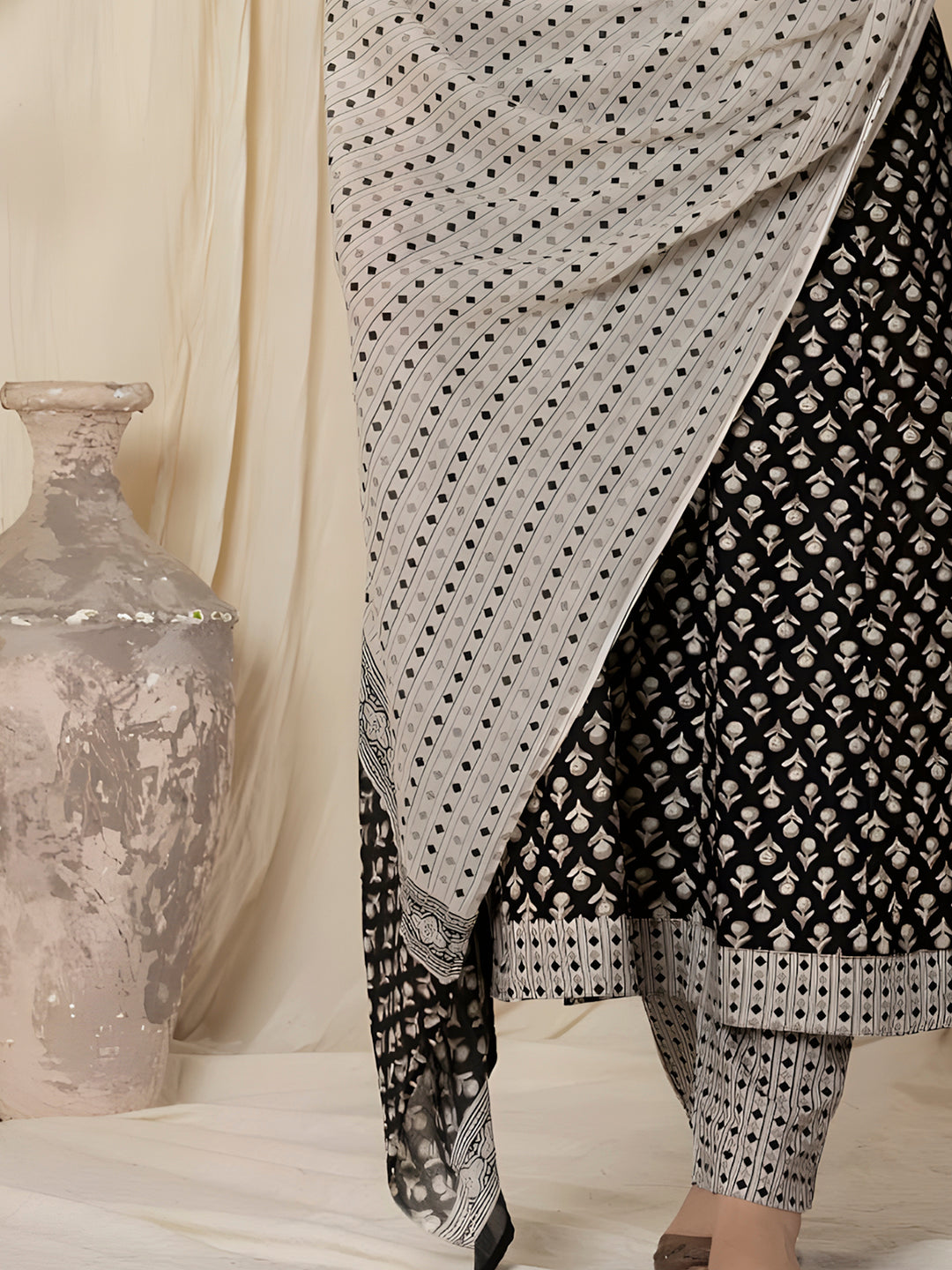 Printed Cotton Anarkali Kurta With Pant & Dupatta, Black - Hiral Fashion | Grocsy