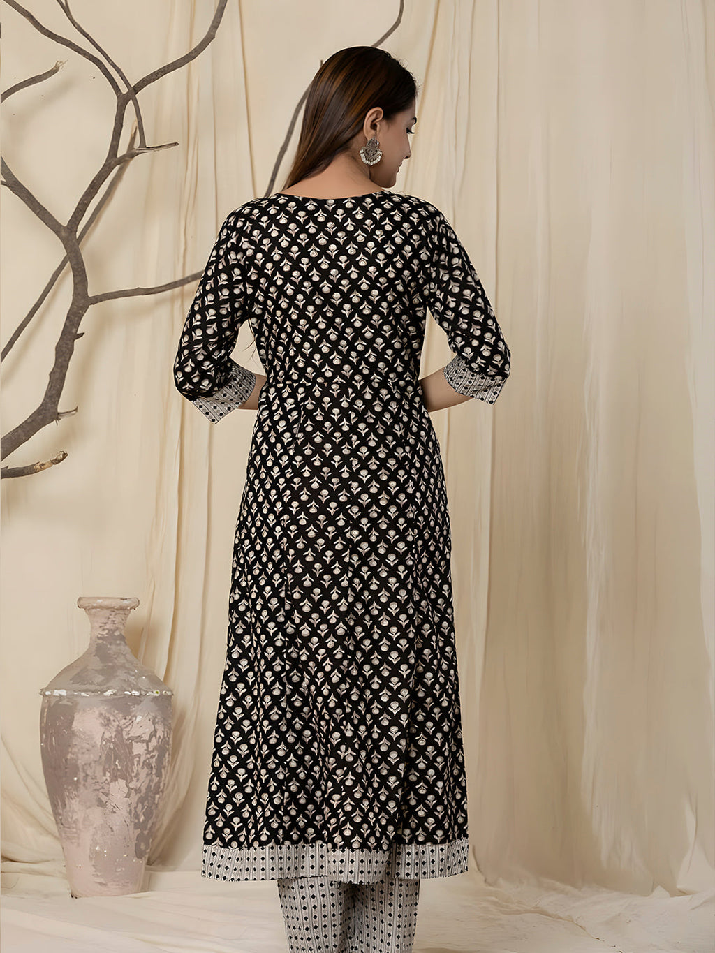 Printed Cotton Anarkali Kurta With Pant & Dupatta, Black - Hiral Fashion | Grocsy