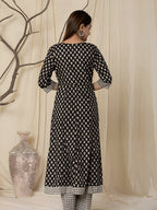 Printed Cotton Anarkali Kurta With Pant & Dupatta, Black - Hiral Fashion | Grocsy