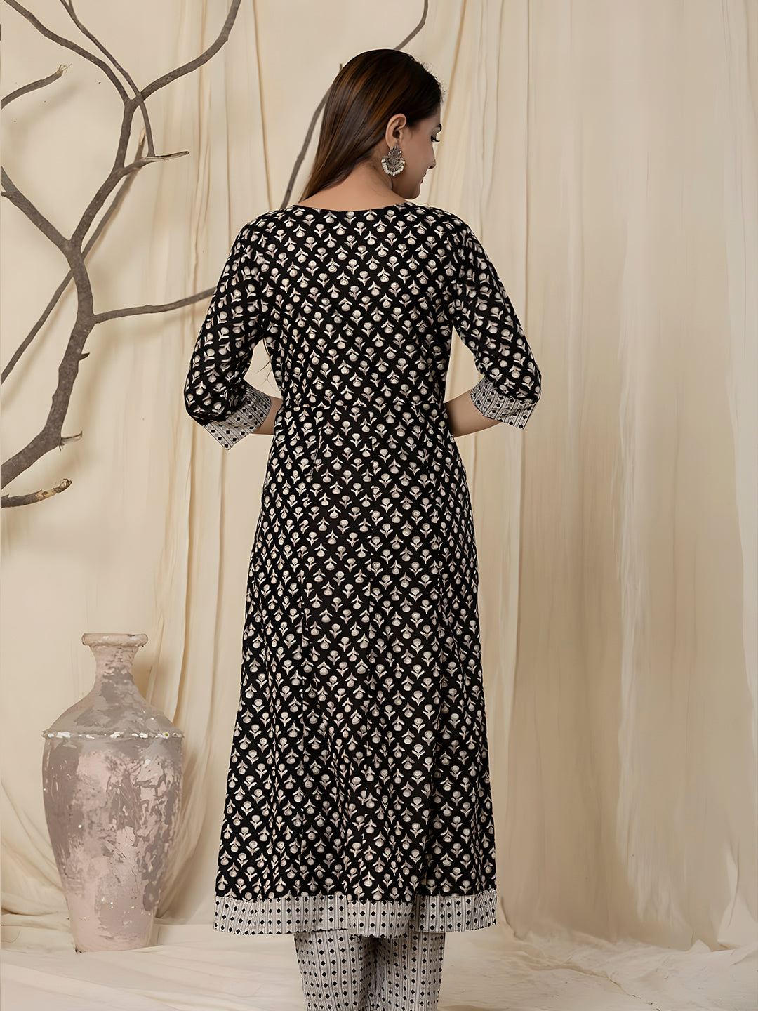 Printed Cotton Anarkali Kurta With Pant & Dupatta, Black - Hiral Fashion | Grocsy