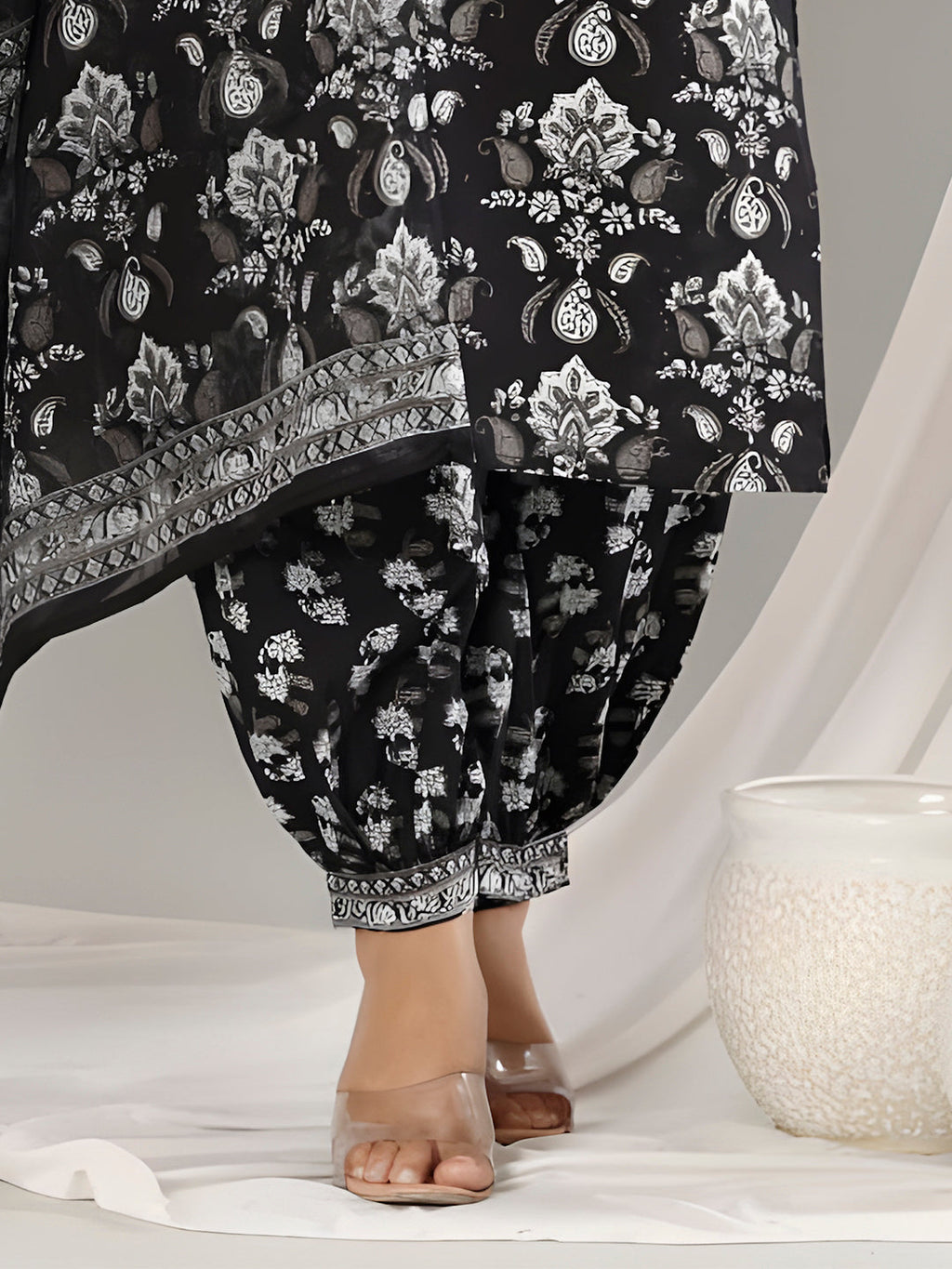 Printed Cotton Straight Kurta With Pant & Dupatta, Black - Hiral Fashion | Grocsy