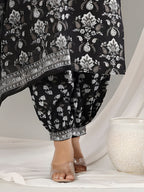 Printed Cotton Straight Kurta With Pant & Dupatta, Black - Hiral Fashion | Grocsy