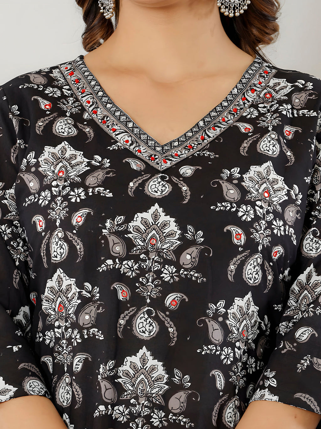 Printed Cotton Straight Kurta With Pant & Dupatta, Black - Hiral Fashion | Grocsy