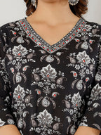 Printed Cotton Straight Kurta With Pant & Dupatta, Black - Hiral Fashion | Grocsy