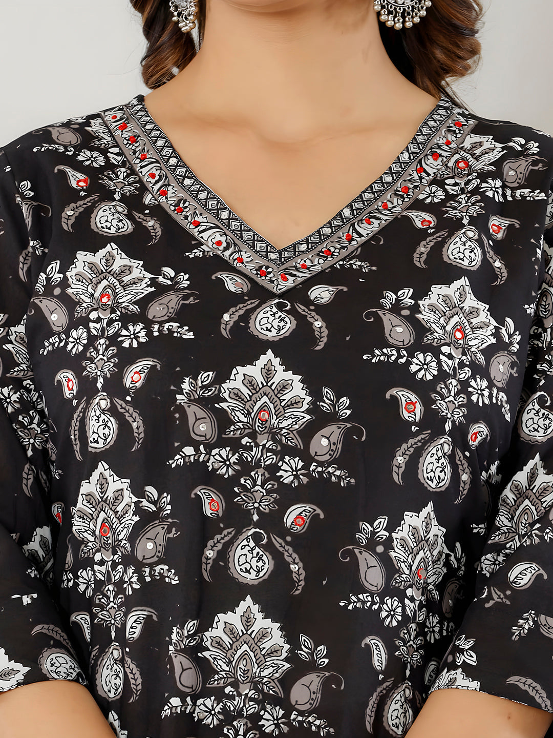 Printed Cotton Straight Kurta With Pant & Dupatta, Black - Hiral Fashion | Grocsy