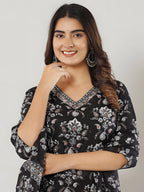 Printed Cotton Straight Kurta With Pant & Dupatta, Black - Hiral Fashion | Grocsy