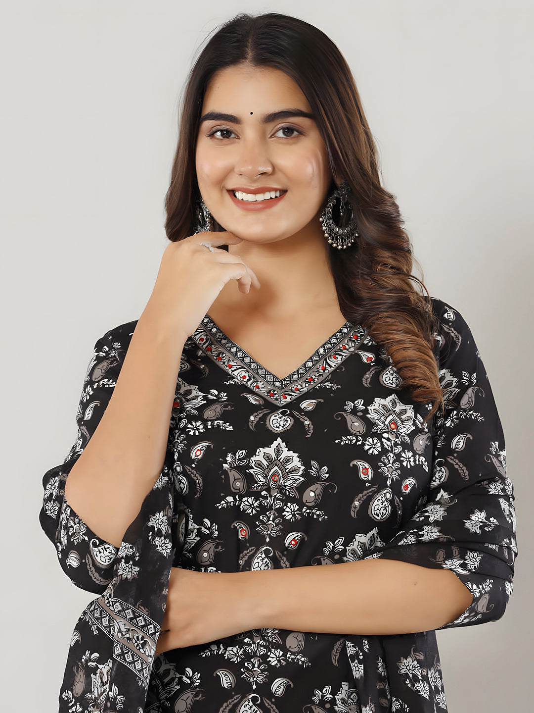 Printed Cotton Straight Kurta With Pant & Dupatta, Black - Hiral Fashion | Grocsy