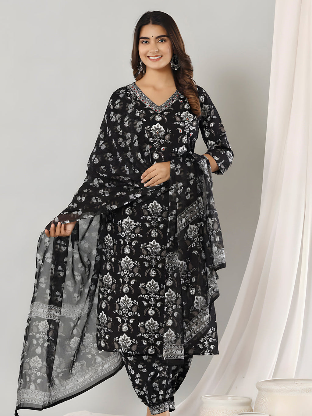 Printed Cotton Straight Kurta With Pant & Dupatta, Black - Hiral Fashion | Grocsy
