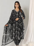 Printed Cotton Straight Kurta With Pant & Dupatta, Black - Hiral Fashion | Grocsy