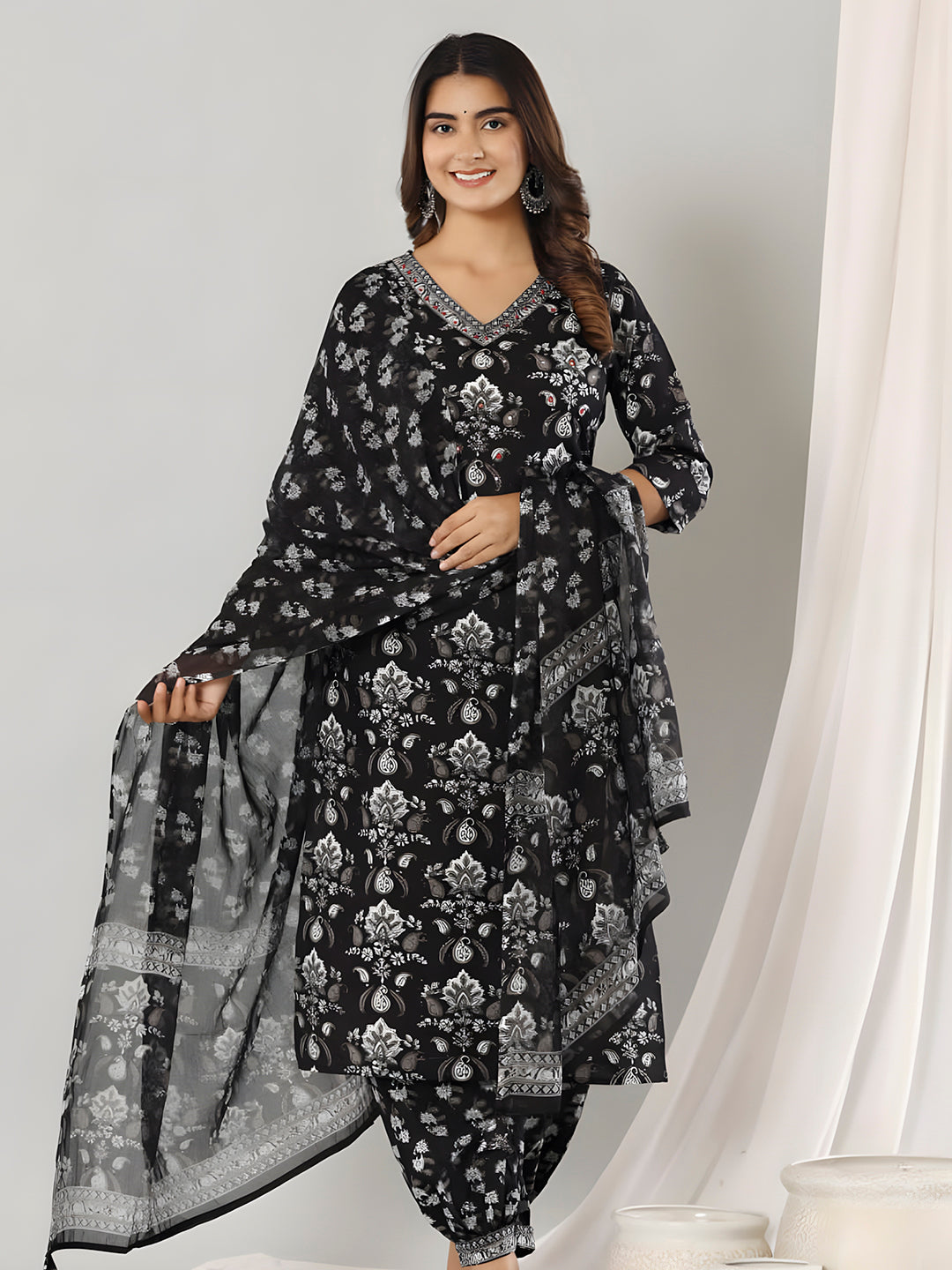 Printed Cotton Straight Kurta With Pant & Dupatta, Black - Hiral Fashion | Grocsy