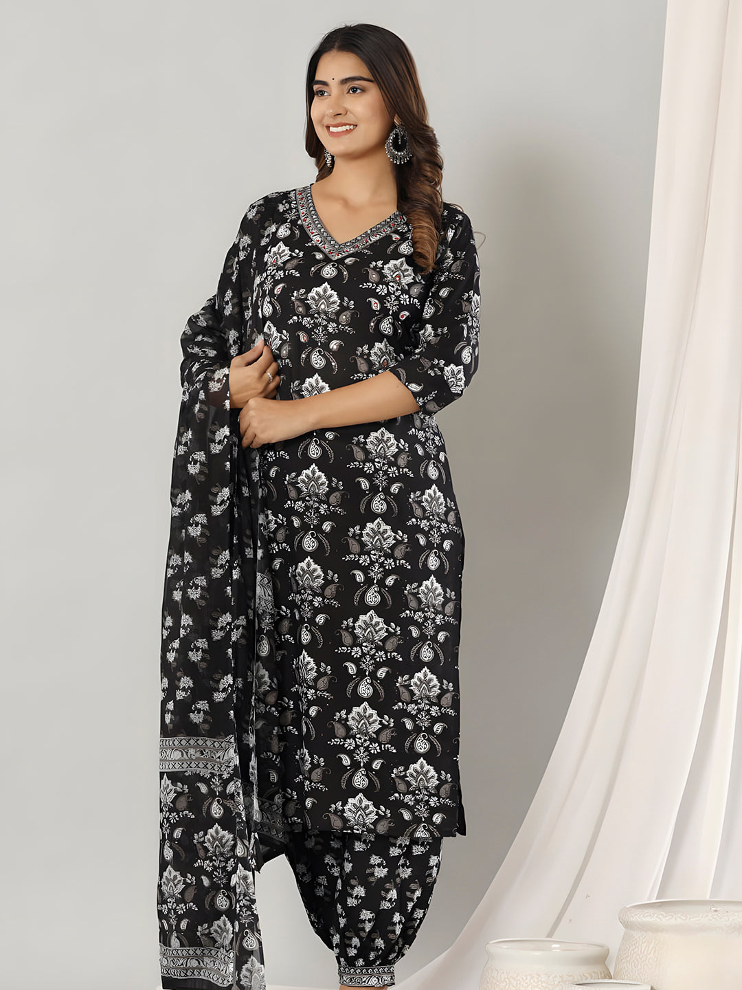 Printed Cotton Straight Kurta With Pant & Dupatta, Black - Hiral Fashion | Grocsy