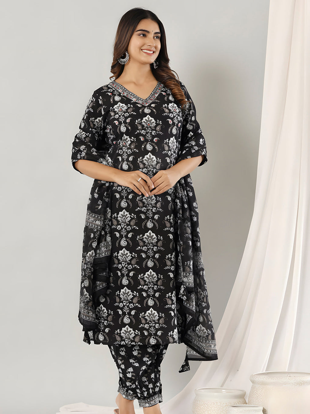 Printed Cotton Straight Kurta With Pant & Dupatta, Black - Hiral Fashion | Grocsy