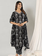 Printed Cotton Straight Kurta With Pant & Dupatta, Black - Hiral Fashion | Grocsy