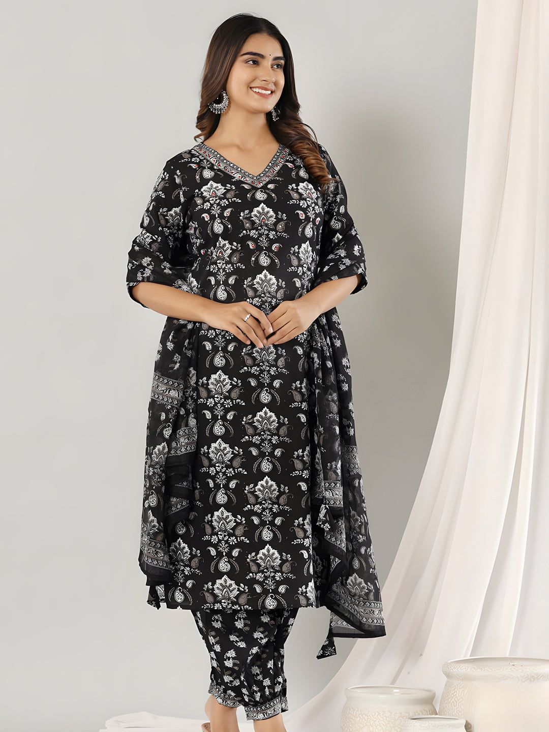 Printed Cotton Straight Kurta With Pant & Dupatta, Black - Hiral Fashion | Grocsy