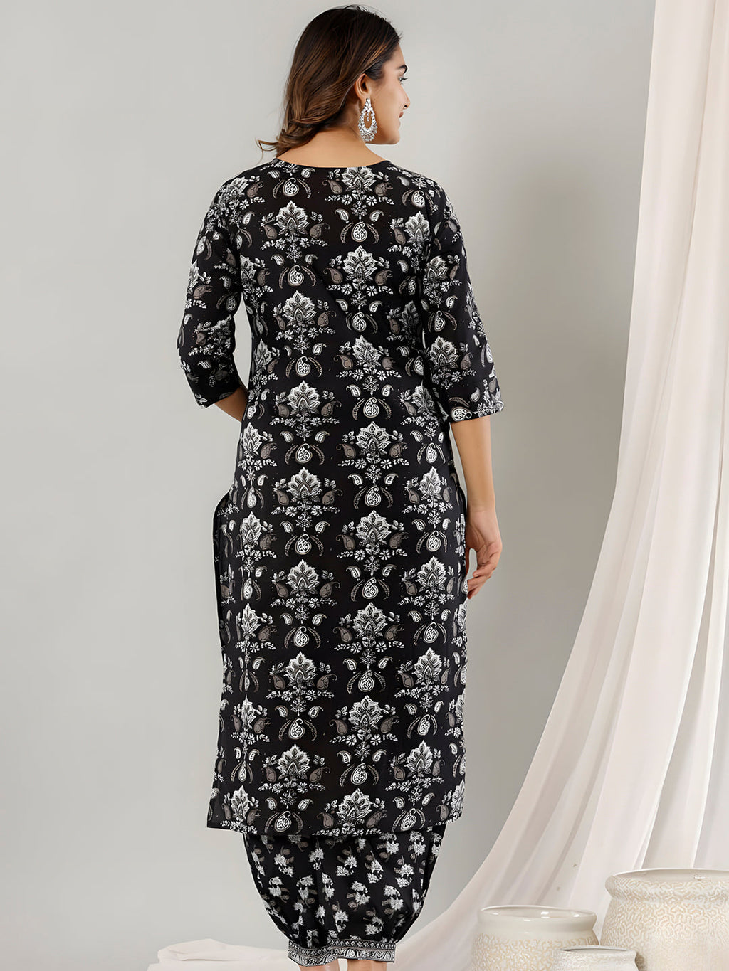 Printed Cotton Straight Kurta With Pant & Dupatta, Black - Hiral Fashion | Grocsy