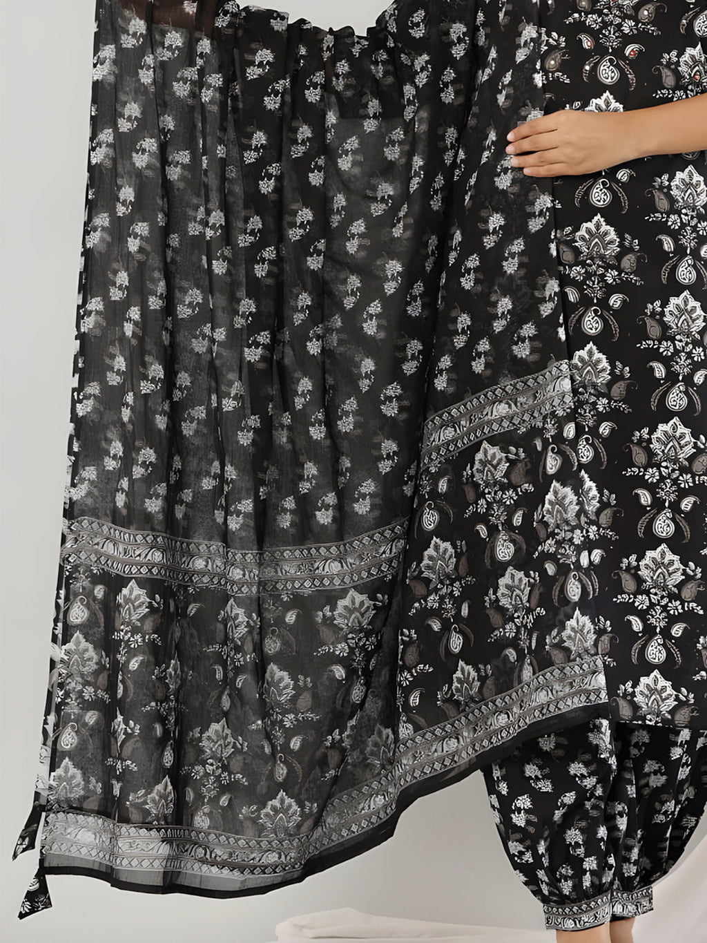 Printed Cotton Straight Kurta With Pant & Dupatta, Black - Hiral Fashion | Grocsy