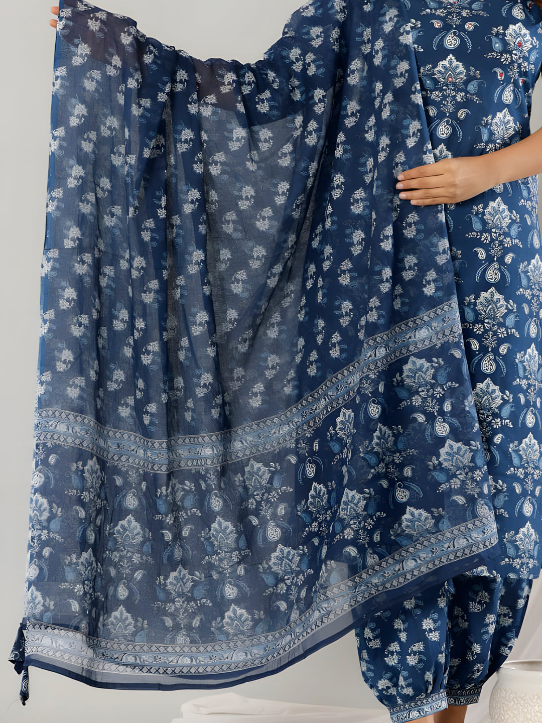 Printed Cotton Straight Kurta With Pant & Dupatta, Blue - Hiral Fashion | Grocsy