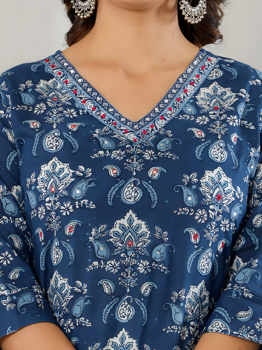 Printed Cotton Straight Kurta With Pant & Dupatta, Blue - Hiral Fashion | Grocsy