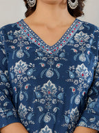 Printed Cotton Straight Kurta With Pant & Dupatta, Blue - Hiral Fashion | Grocsy
