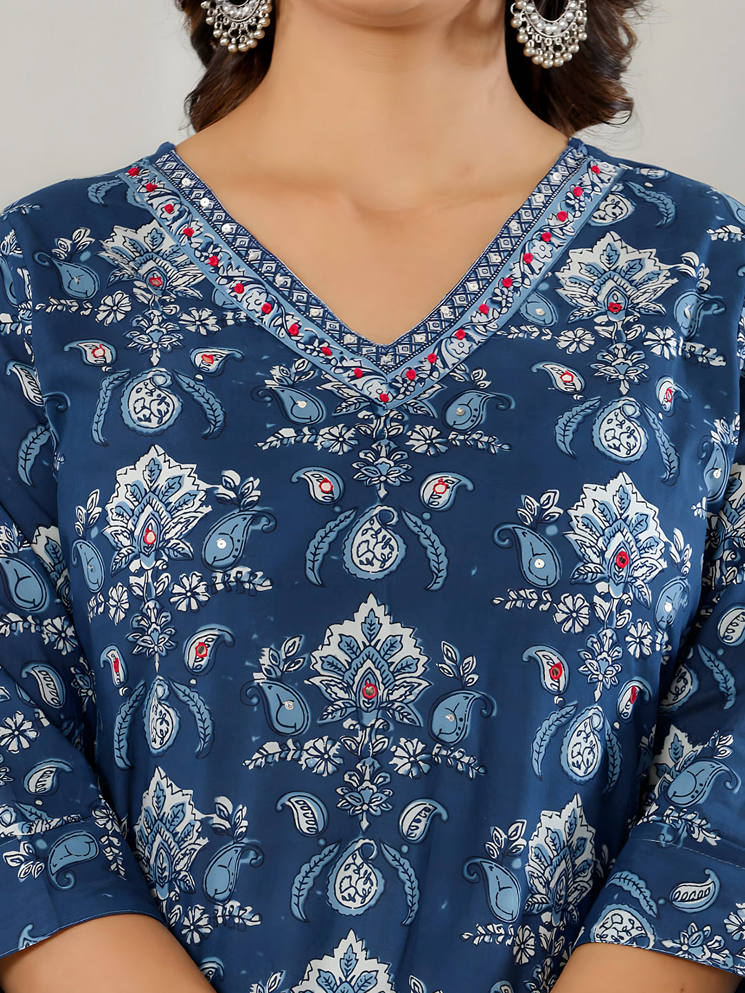 Printed Cotton Straight Kurta With Pant & Dupatta, Blue - Hiral Fashion | Grocsy