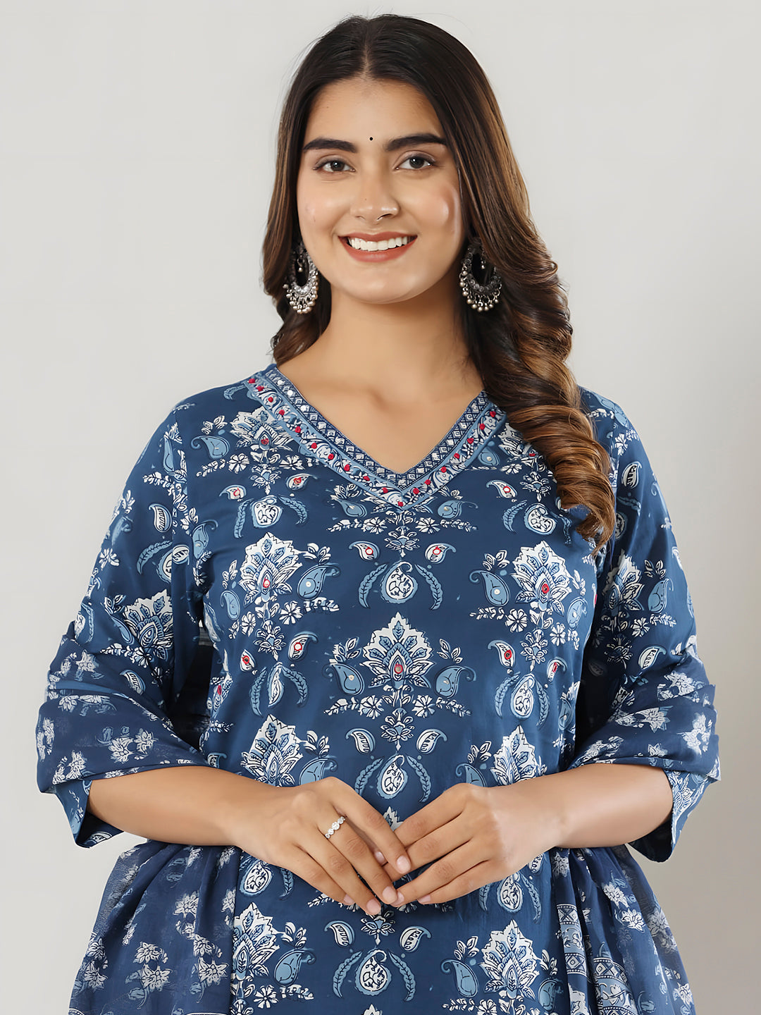 Printed Cotton Straight Kurta With Pant & Dupatta, Blue - Hiral Fashion | Grocsy