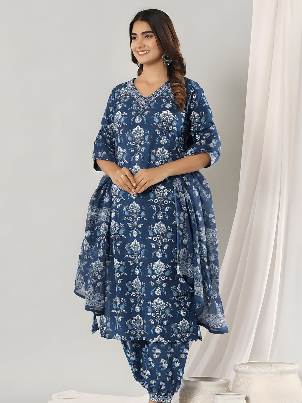 Printed Cotton Straight Kurta With Pant & Dupatta, Blue - Hiral Fashion | Grocsy