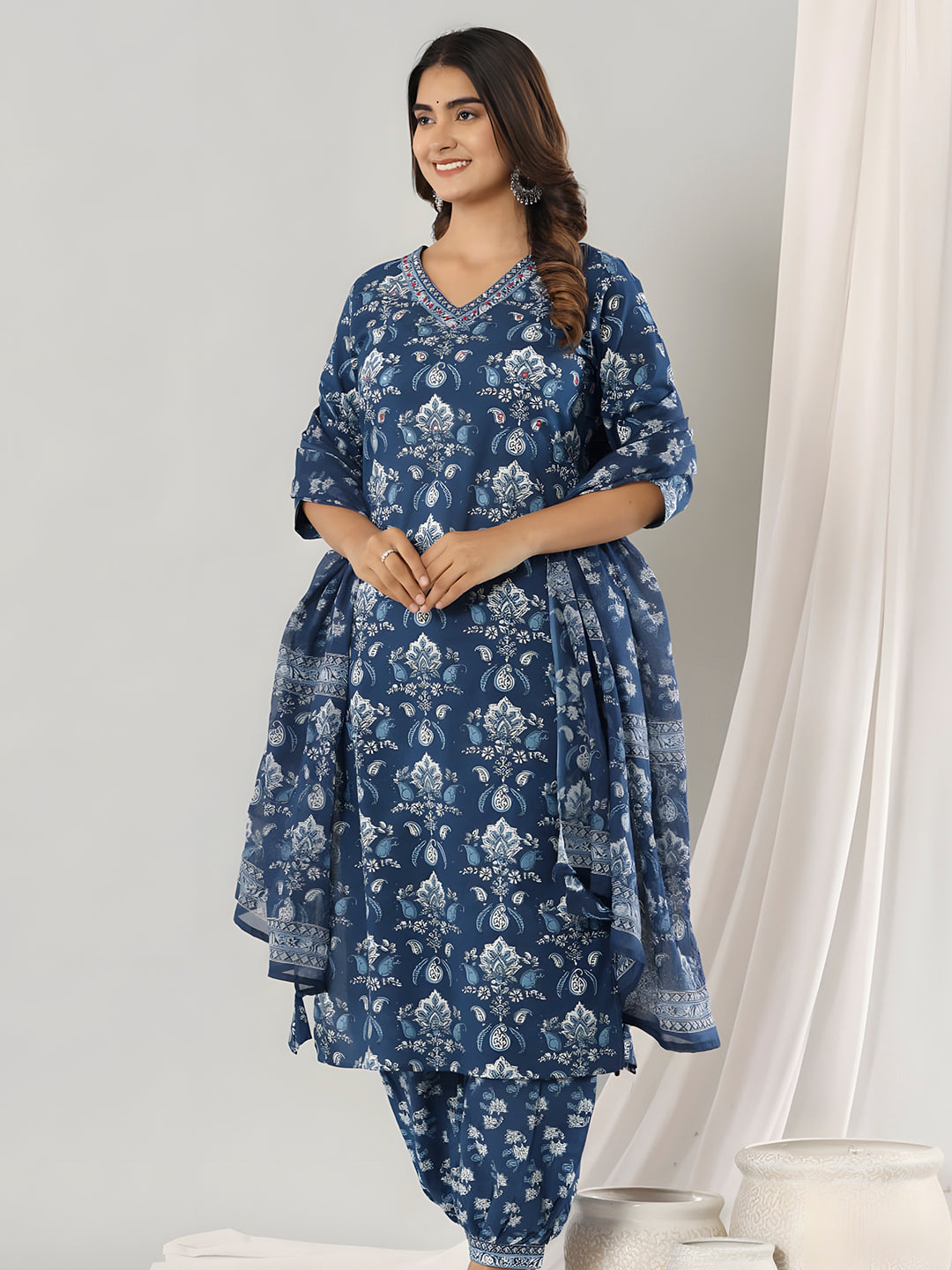 Printed Cotton Straight Kurta With Pant & Dupatta, Blue - Hiral Fashion | Grocsy