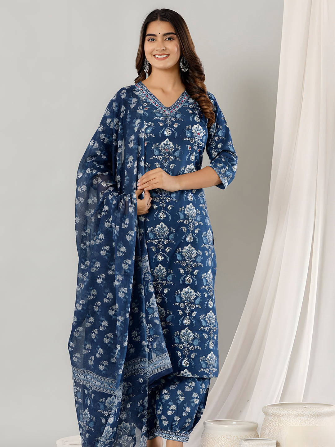 Printed Cotton Straight Kurta With Pant & Dupatta, Blue - Hiral Fashion | Grocsy