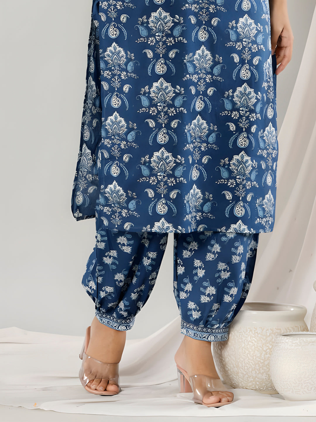 Printed Cotton Straight Kurta With Pant & Dupatta, Blue - Hiral Fashion | Grocsy