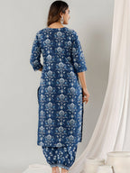 Printed Cotton Straight Kurta With Pant & Dupatta, Blue - Hiral Fashion | Grocsy